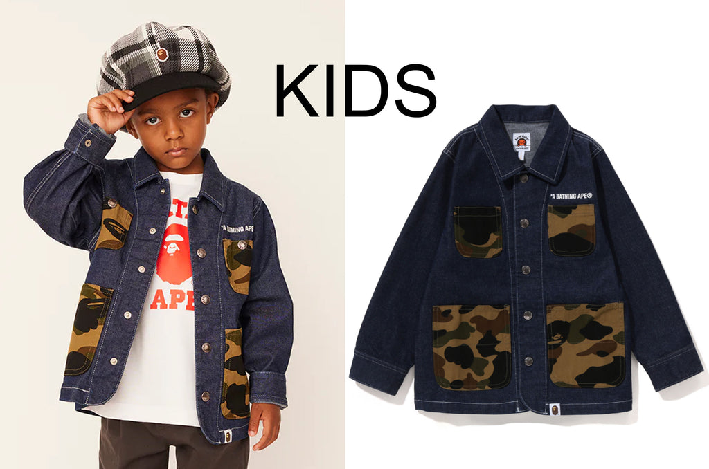 A BATHING APE® KIDS' FALL/WINTER 2023 COLLECTION BAPE KIDS® introduces a  range of streetwear that is playful and imaginative. The collection  features patterns such as LAYERED LINE CAMO and graffiti on loose