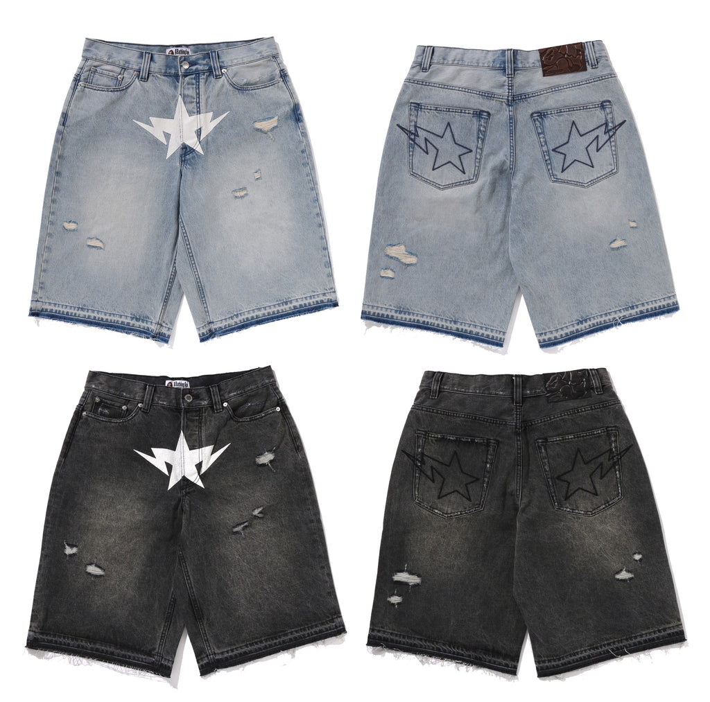 A BATHING APE DESTROYED STA RELAXED FIT 13oz DENIM SHORTS