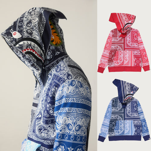 A BATHING APE PAISLEY PATTERN SHARK FULL ZIP HOODIE