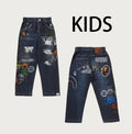 A BATHING APE BAPE KIDS BABY MILO FRIENDS DENIM PRINT SWEAT PANTS