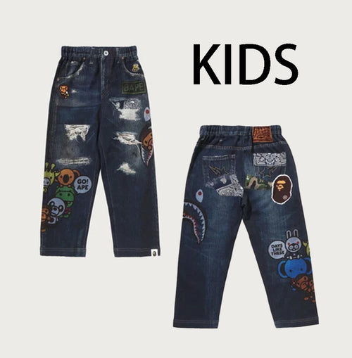 A BATHING APE BAPE KIDS BABY MILO FRIENDS DENIM PRINT SWEAT PANTS