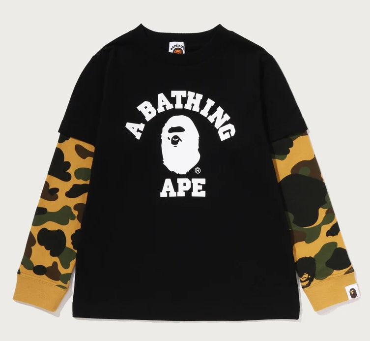 A BATHING APE BAPE KIDS 1ST CAMO COLLEGE LAYERED L/S TEE