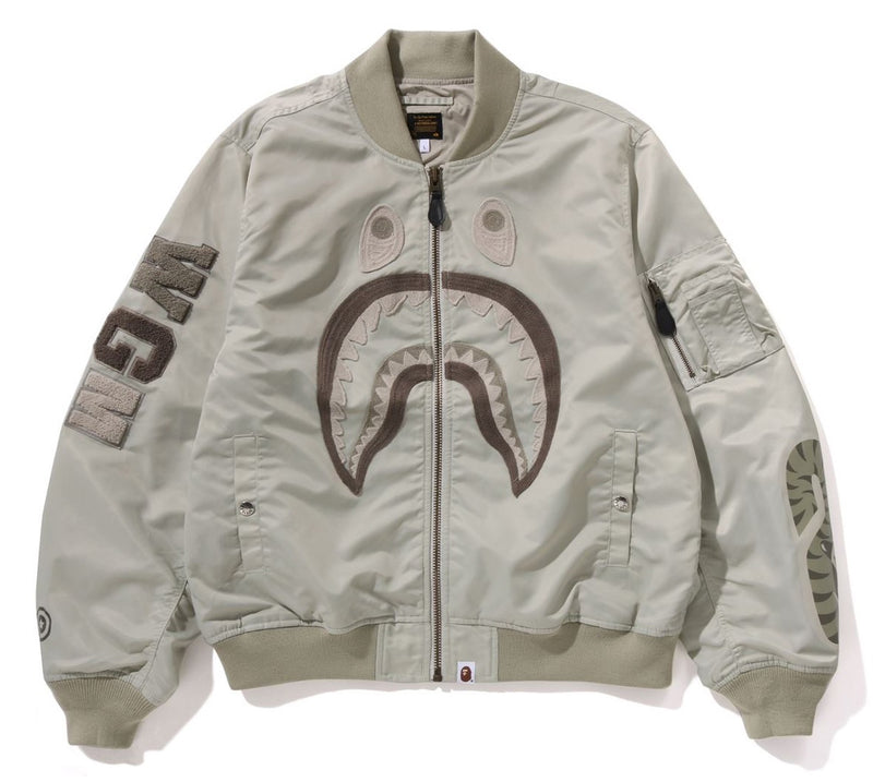 A BATHING APE TONAL CHAIN STITCH SHARK BOMBER JACKET