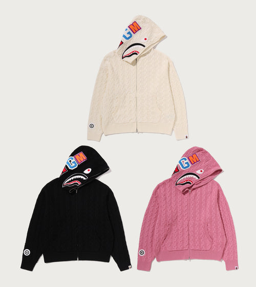 A BATHING APE CABLE KNIT SHARK RELAXED FIT FULL ZIP HOODIE