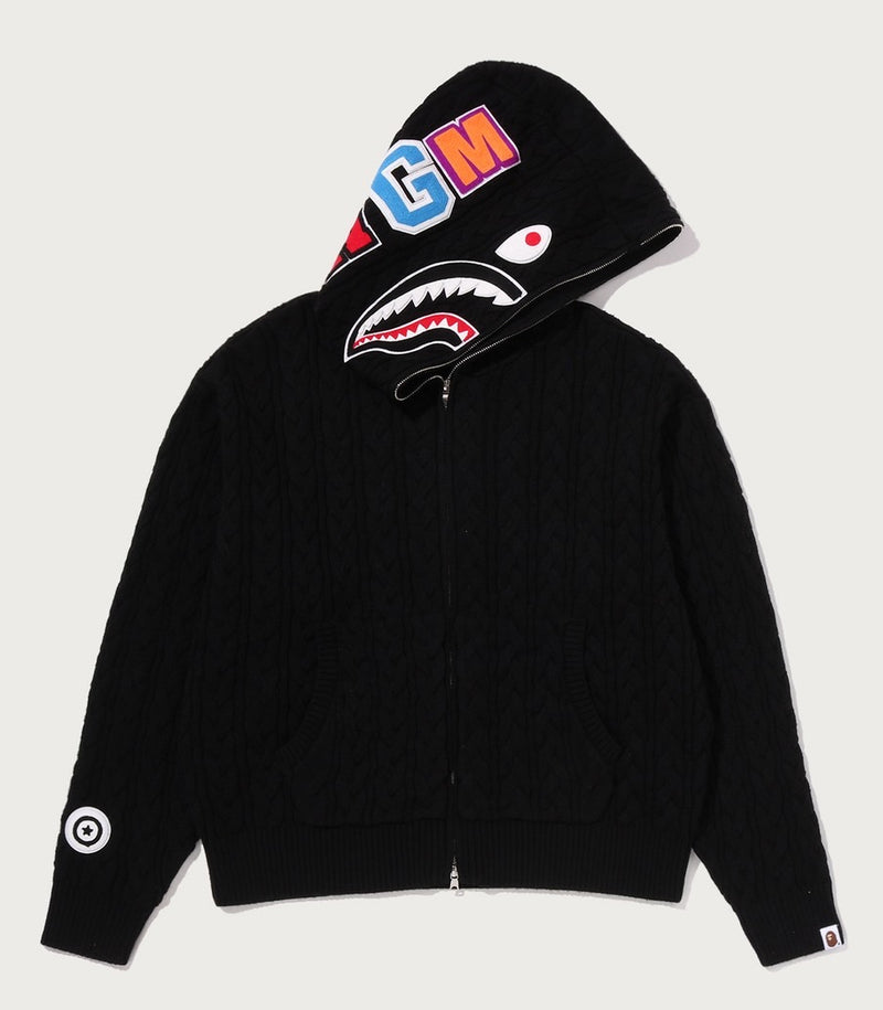 A BATHING APE CABLE KNIT SHARK RELAXED FIT FULL ZIP HOODIE