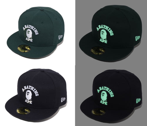 A BATHING APE NEW ERA 59 FIFTY GLOW IN THE DARK COLLEGE CAP - happyjagabee store