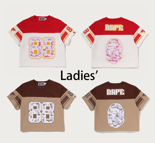 A BATHING APE Ladies' MULTI LOGO FOOTBALL BOXY CROPPED TEE