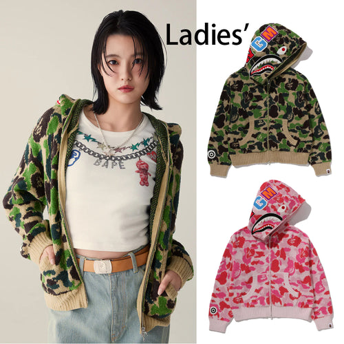 A BATHING APE Ladies' ABC CAMO TOWEL JACQUARD SHARK CROPPED FULL ZIP HOODIE