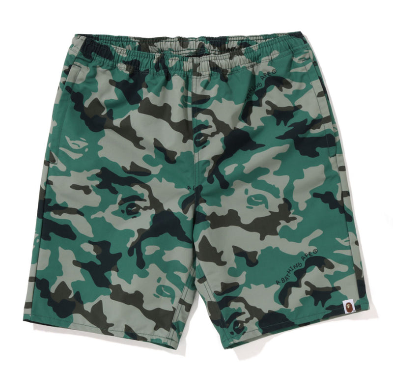 A BATHING APE WOODLAND CAMO BEACH SHORTS