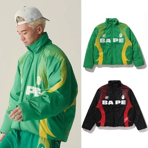 A BATHING APE ABA FLAME MONOGRAM JACQUARD MULTI LOGO PADDED JACKET
