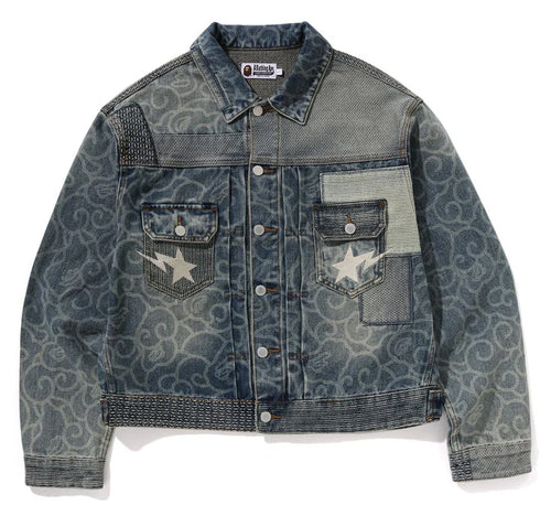 A BATHING APE CLOUD CAMO JACQUARD UPCYCLED DENIM TRUCKER JACKET