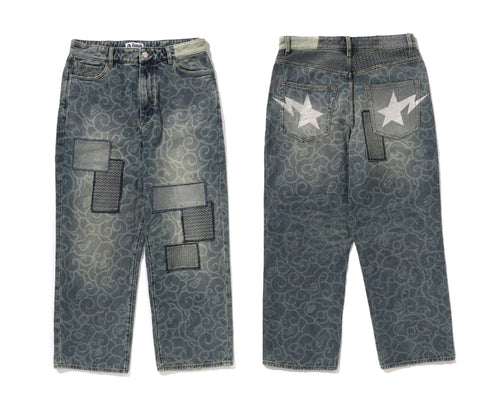 A BATHING APE CLOUD CAMO JACQUARD UPCYCLED RELAXED FIT 13 OZ DENIM PANTS