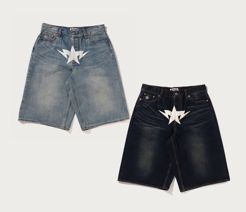 A BATHING APE TWIN STA KNEE LENGTH SELVEDGE DENIM SHORTS
