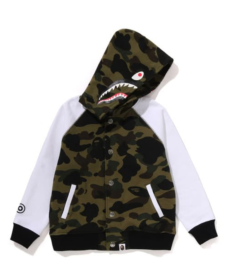 A BATHING APE BAPE KIDS 1ST CAMO SHARK HOODIE SWEAT VARSITY JACKET
