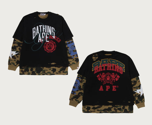 A BATHING APE DESTROYED MULTI LOGO 2 IN 1 RELAXED FIT LS TEE
