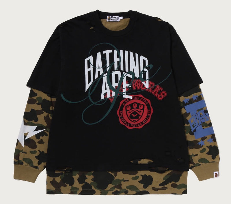 A BATHING APE DESTROYED MULTI LOGO 2 IN 1 RELAXED FIT LS TEE