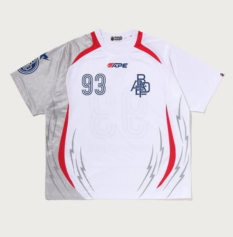 A BATHING APE APE FRAME PATTERN MULTI LOGO RELAXED FIT FOOTBALL JERSEY