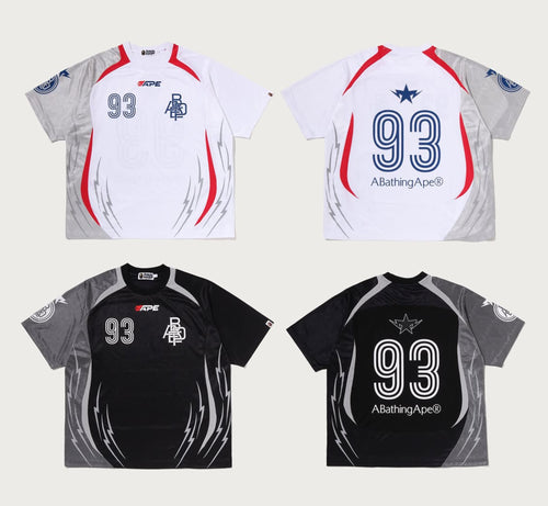 A BATHING APE APE FRAME PATTERN MULTI LOGO RELAXED FIT FOOTBALL JERSEY