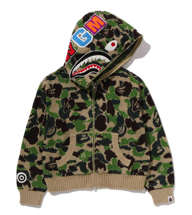 A BATHING APE Ladies' ABC CAMO TOWEL JACQUARD SHARK CROPPED FULL ZIP HOODIE