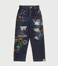 A BATHING APE BAPE KIDS BABY MILO FRIENDS DENIM PRINT SWEAT PANTS