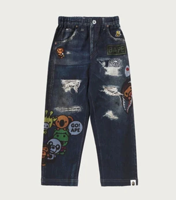 A BATHING APE BAPE KIDS BABY MILO FRIENDS DENIM PRINT SWEAT PANTS