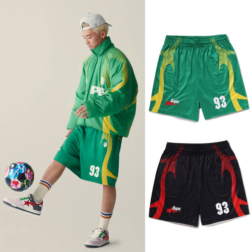 A BATHING APE APE FLAME MONOGRAM JACQUARD RELAXED FIT FOOTBALL SHORTS