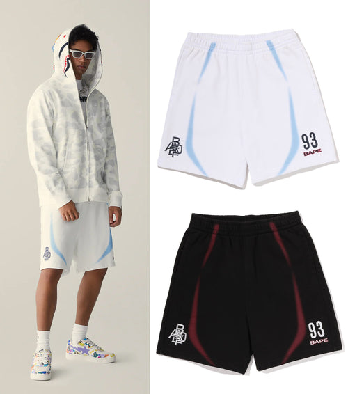 A BATHING APE HEAVY WASH HAND DRAW FOOTBALL LOGO RELAXED FIT SWEAT SHORTS