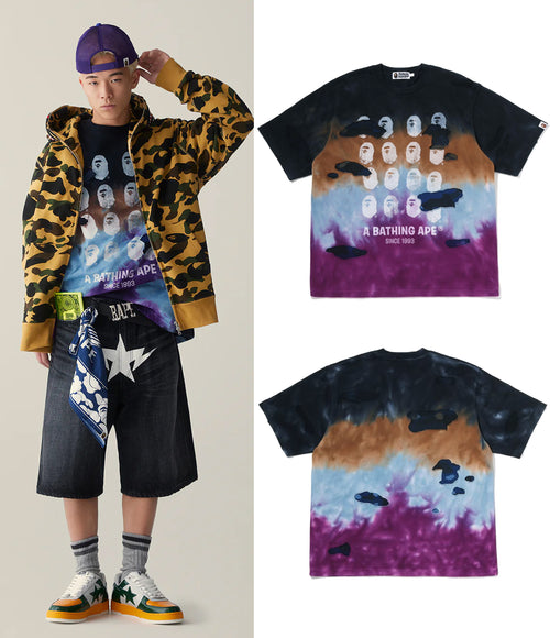 A BATHING APE COLOR CAMO TIE DYE DESTROYED MULTI LOGO RELAXED FIT TEE
