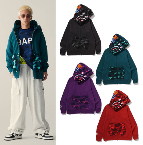 A BATHING APE COLOR CAMO SHARK FULL ZIP DOUBLE HOODIE