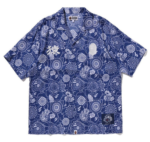 A BATHING APE JAPANESE INDIGO ART CAMO OPEN COLLAR SS SHIRT