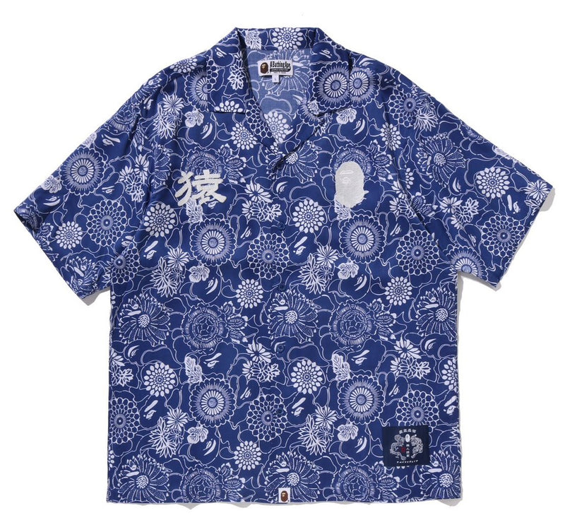 A BATHING APE JAPANESE INDIGO ART CAMO OPEN COLLAR SS SHIRT