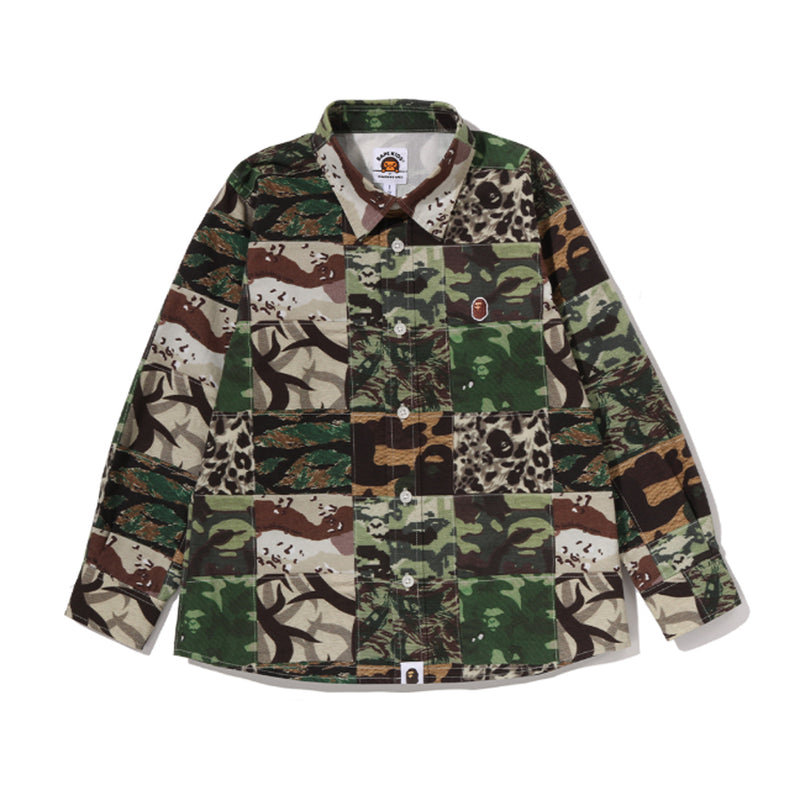 A BATHING APE BAPE KIDS APE HEAD ONE POINT CAMO PATCHWORK SHIRT
