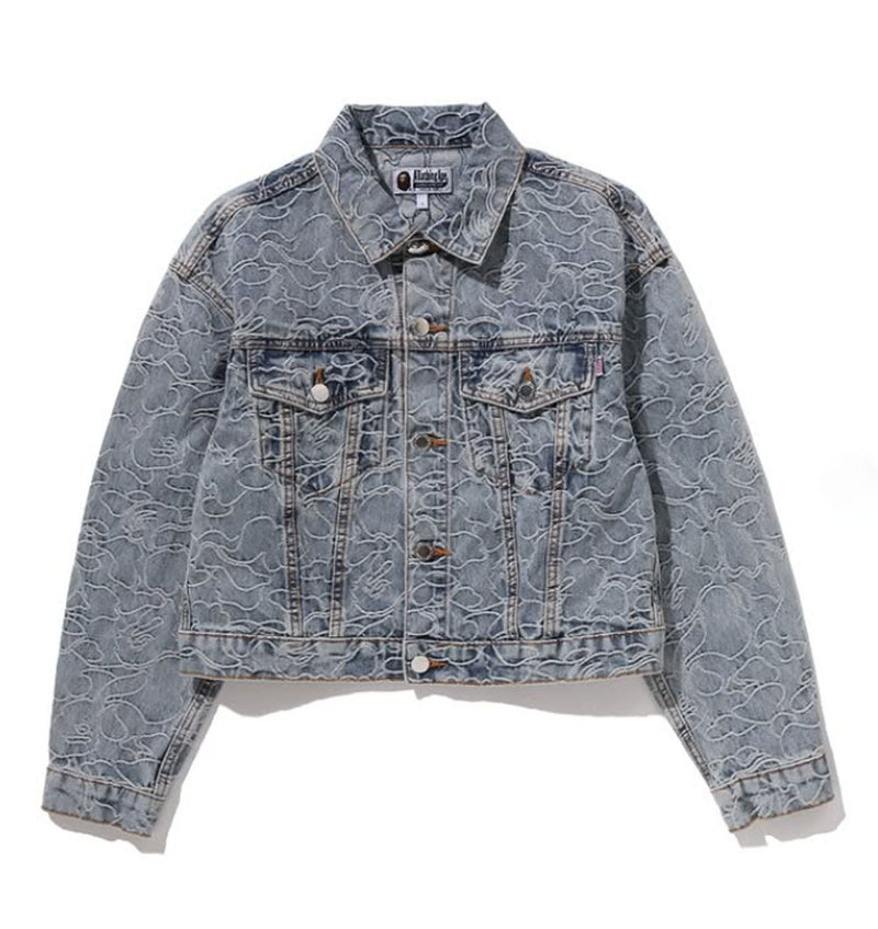 A BATHING APE Ladies' LINE CAMO CROPPED DENIM JACKET - happyjagabee store