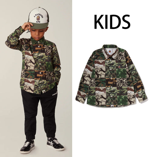 A BATHING APE BAPE KIDS APE HEAD ONE POINT CAMO PATCHWORK SHIRT