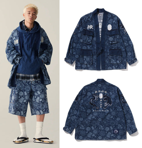 A BATHING APE JAPANESE INDIGO ART CAMO JUNGLE FATIQUE KIMONO