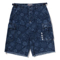 A BATHING APE JAPANESE INDIGO ART CAMO JUNGLE DENIM RELAXED FIT CARGO SHORTS