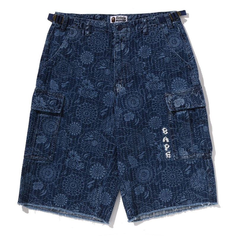 A BATHING APE JAPANESE INDIGO ART CAMO JUNGLE DENIM RELAXED FIT CARGO SHORTS