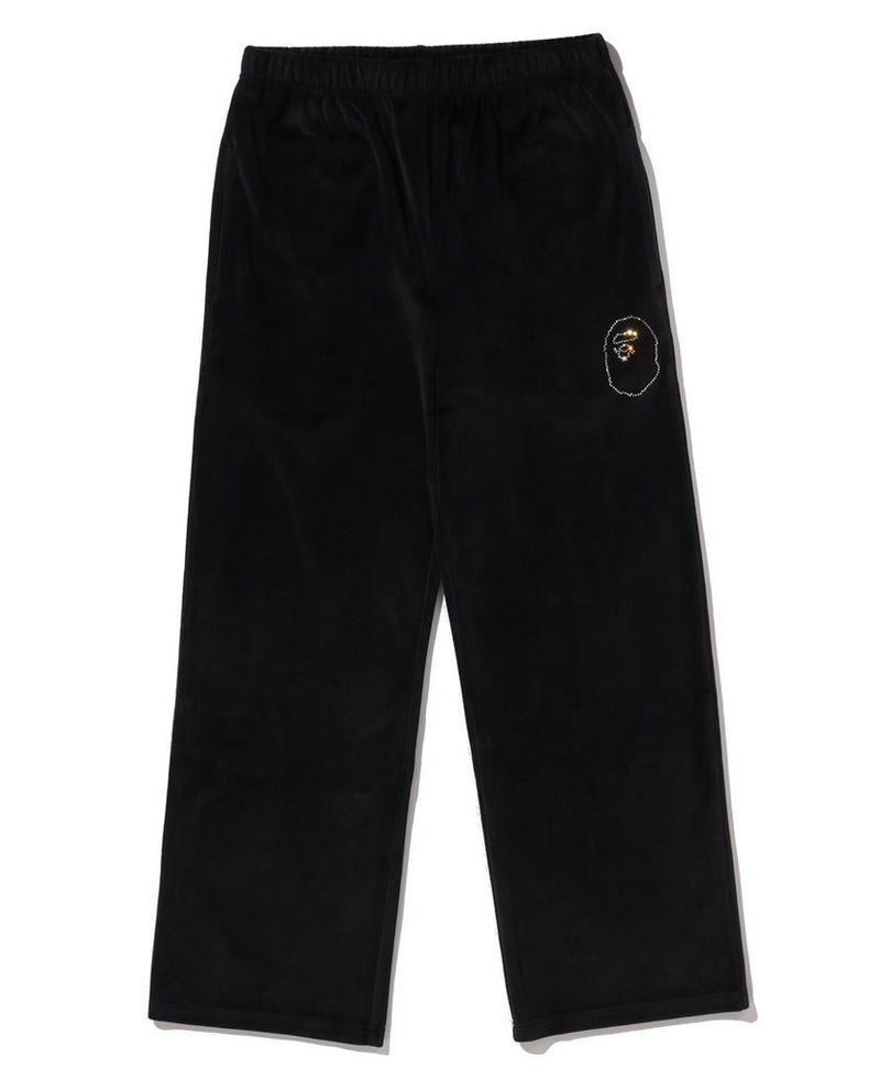 A BATHING APE Ladies' CRYSTAL STONE APE HEAD VELOUR WIDE PANTS