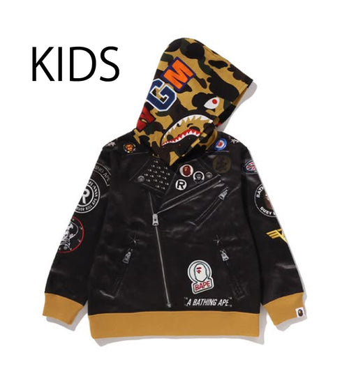 A BATHING APE BAPE KIDS LEATHER JACKET PRINT SHARK PULLOVER HOODIE
