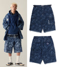 A BATHING APE JAPANESE INDIGO ART CAMO JUNGLE DENIM RELAXED FIT CARGO SHORTS