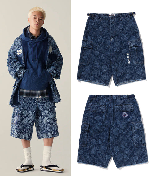 A BATHING APE JAPANESE INDIGO ART CAMO JUNGLE DENIM RELAXED FIT CARGO SHORTS