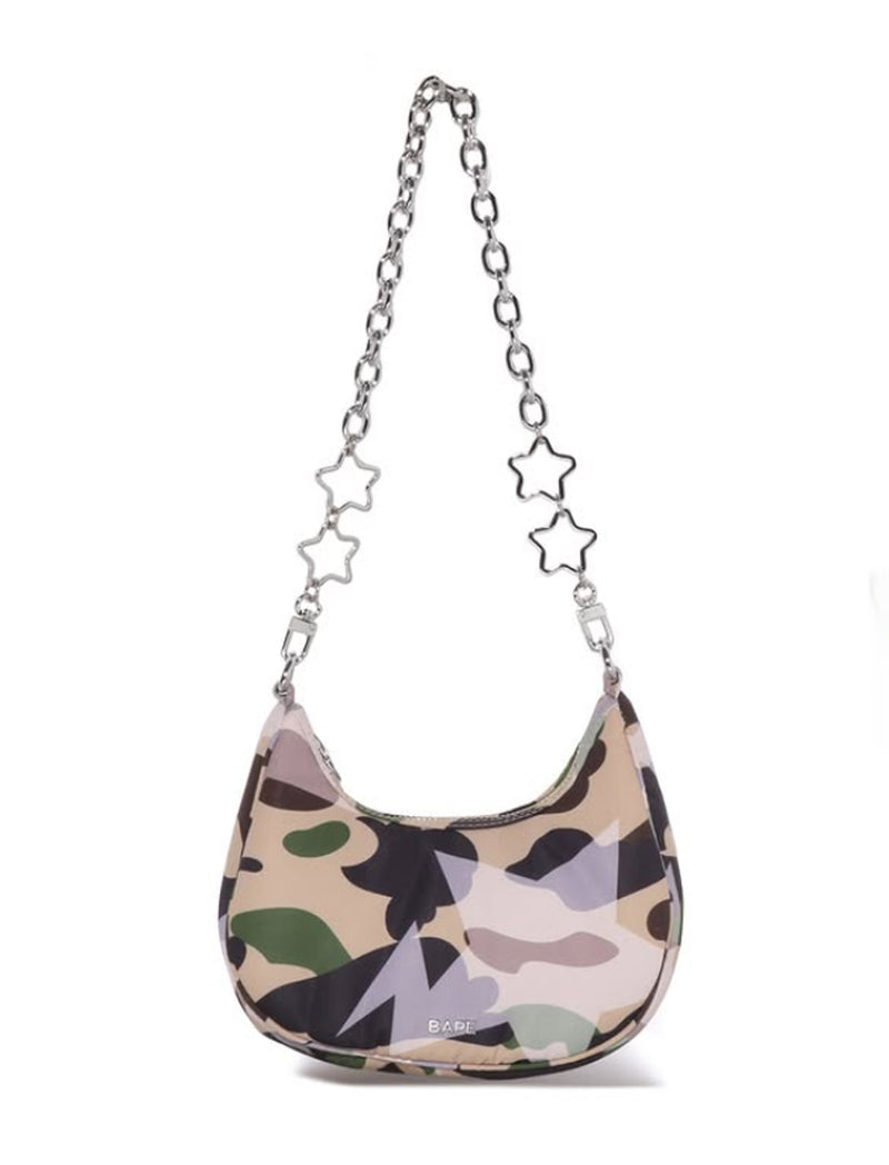 A BATHING APE Ladies' STA OVER PRINT 1ST CAMO QUILTING MOON SHAPE BAG