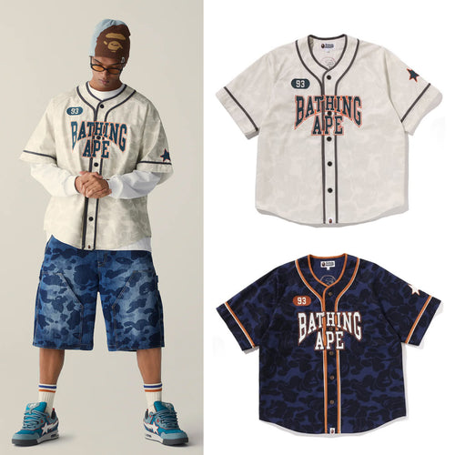 A BATHING APE SOLID CAMO MULTI LOGO BASEBALL SS SHIRT
