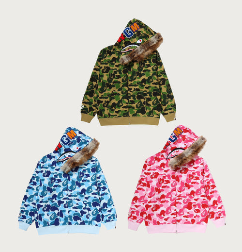 A BATHING APE ABC CAMO FUR HOOD SHARK RELAXED FIT FULL ZIP HOODIE