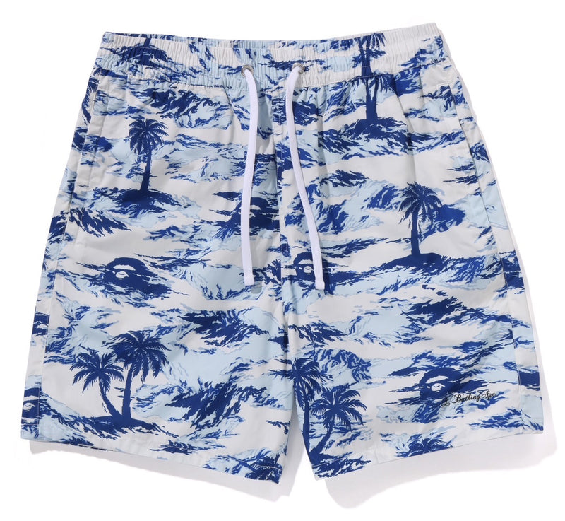 A BATHING APE PLAM TREE CAMO RELAXED FIT BEACH SHORTS