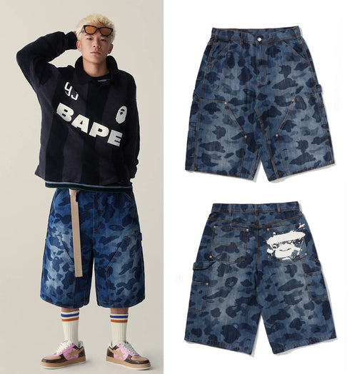 A BATHING APE 1ST CAMO DOUBLE KNEE 13 OZ RELAXED FIT DENIM SHORTS