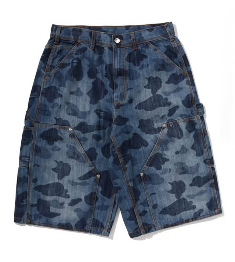 A BATHING APE 1ST CAMO DOUBLE KNEE 13 OZ RELAXED FIT DENIM SHORTS