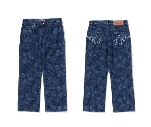 A BATHING APE JAPANESE INDIGO ART CAMO RELAXED FIT DENIM PANTS