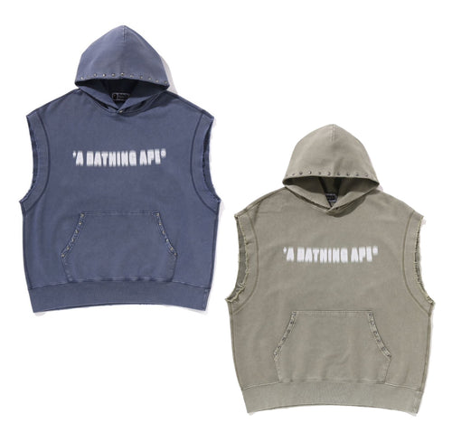 A BATHING APE STUDDED GARMENT DYE LOGO SLEEVELESS PULLOVER HOODIE