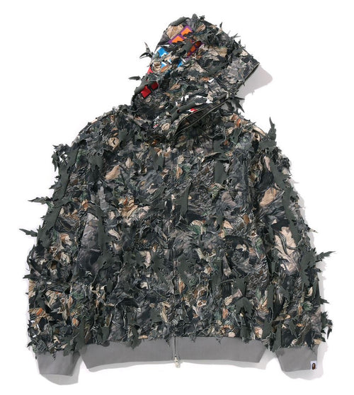 A BATHING APE TREE EDGE CAMO LASER CUT CROPPED SHARK FULL ZIP HOODIE